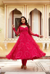 Designer Red Georgette Bandhani Anarkali Suit with Dupatta