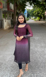 Wine & Black Ombre Long Kurti with Dupatta