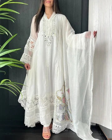 Elegant White Chikankari Embroidered Anarkali Suit Set with Dupatta