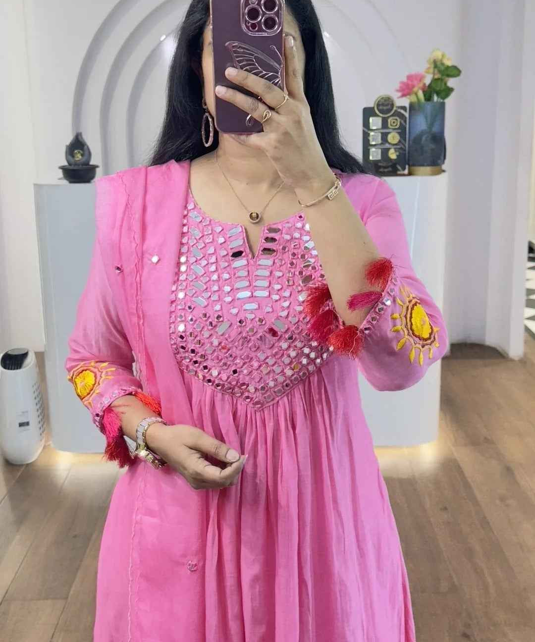 Pink Mul Chanderi Mirrors Handwork Suit Set