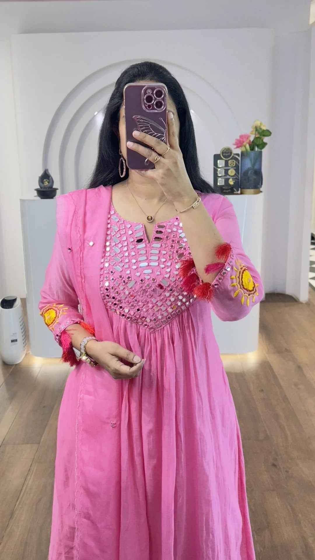 Pink Mul Chanderi Mirrors Handwork Suit Set