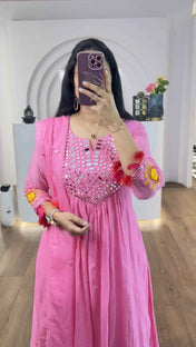 Pink Mul Chanderi Mirrors Handwork Suit Set