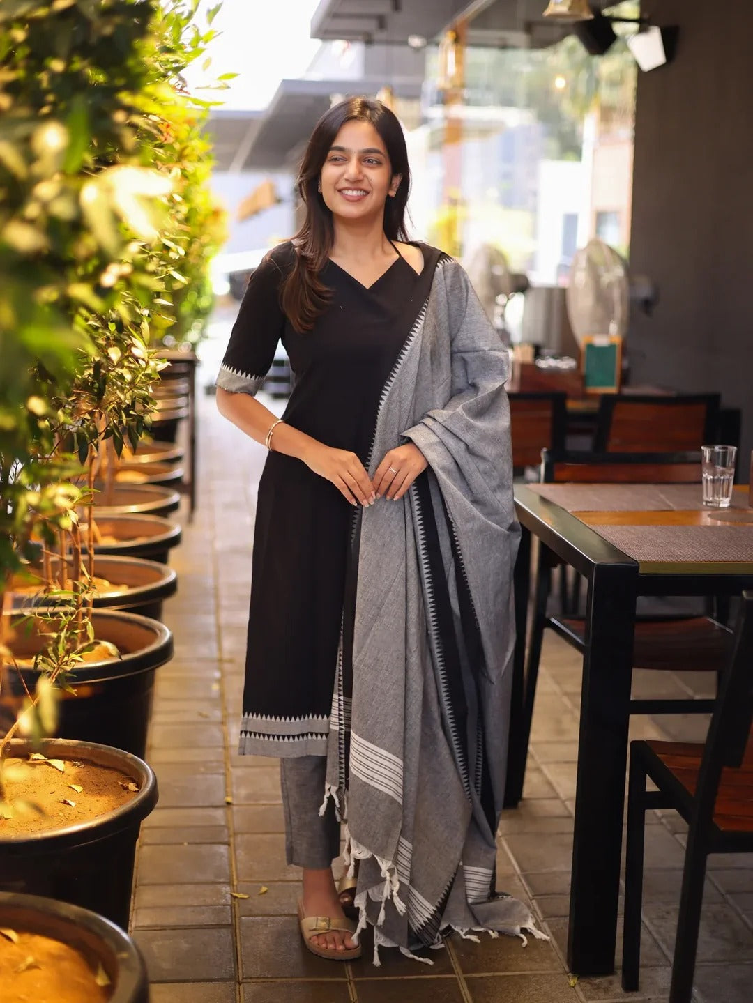 Black Cotton Kurta Set with Grey Dupatta