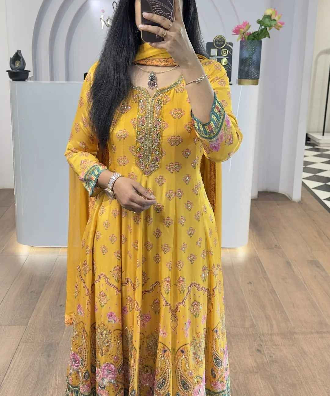 Yellow Floral Handworked Anarkali With Straight Pants