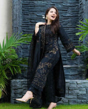 Black Three Piece Stitched Lawn Chikankari Suit