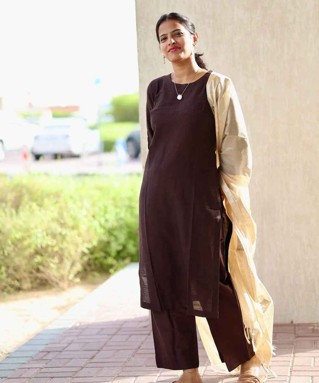 Brown Silk Cotton Co-Ord Set With A Beige Shawl