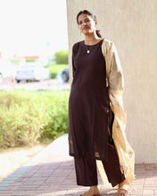 Brown Silk Cotton Co-Ord Set With A Beige Shawl