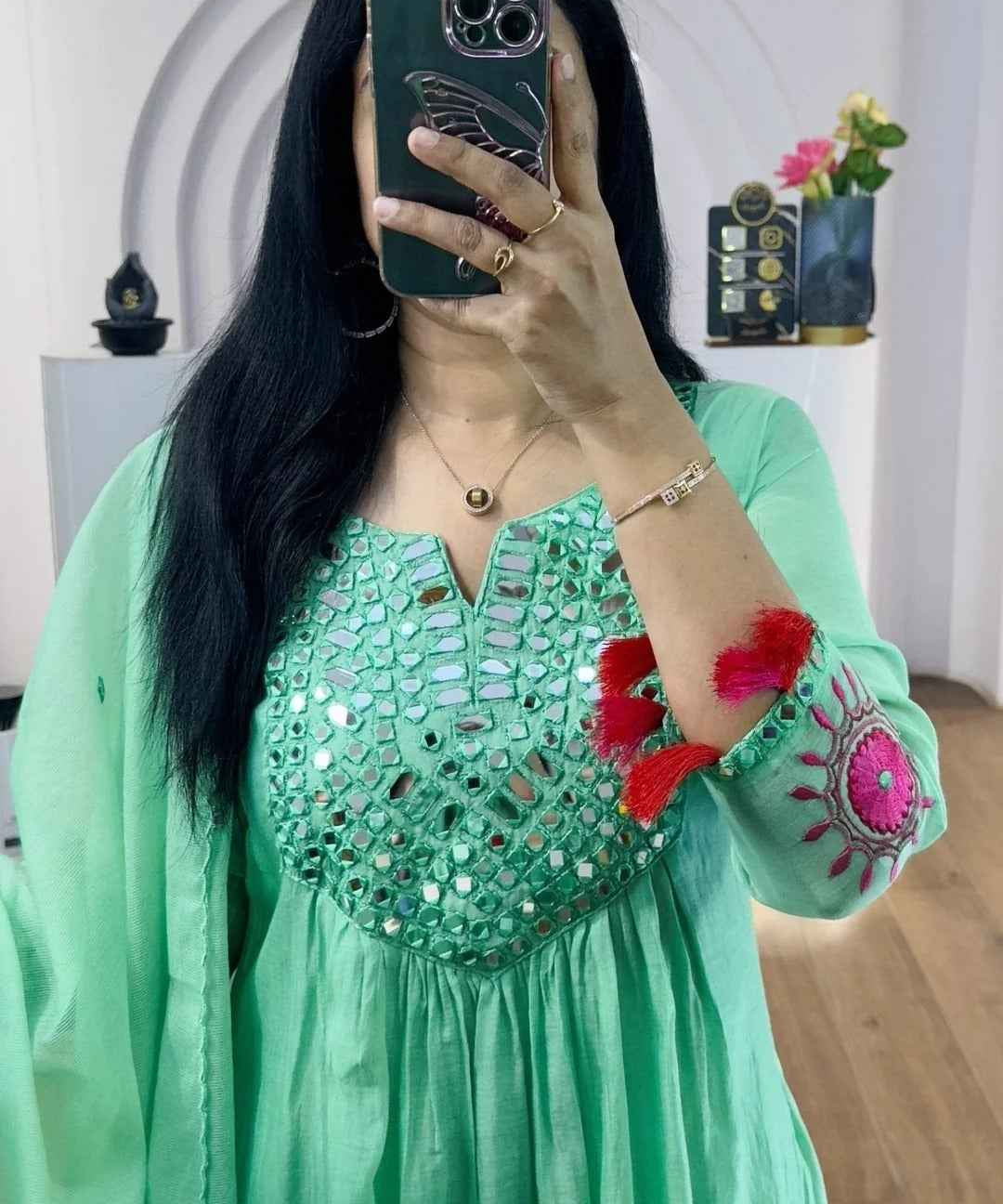 Sea Green Mul Chanderi Mirrors Handwork Suit Set