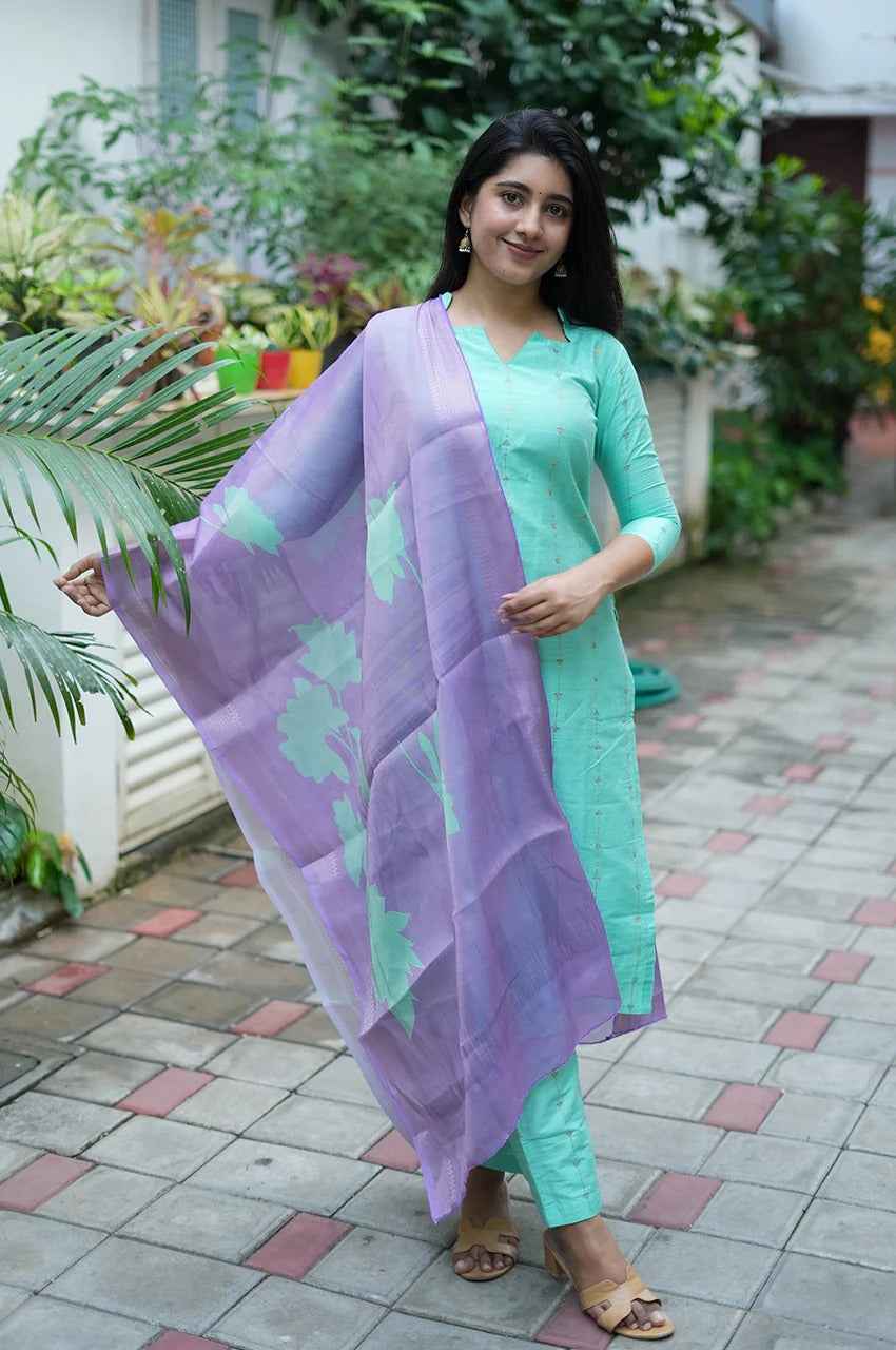 Mint Bloom Kurti Set – Raw Slub Silk Charm