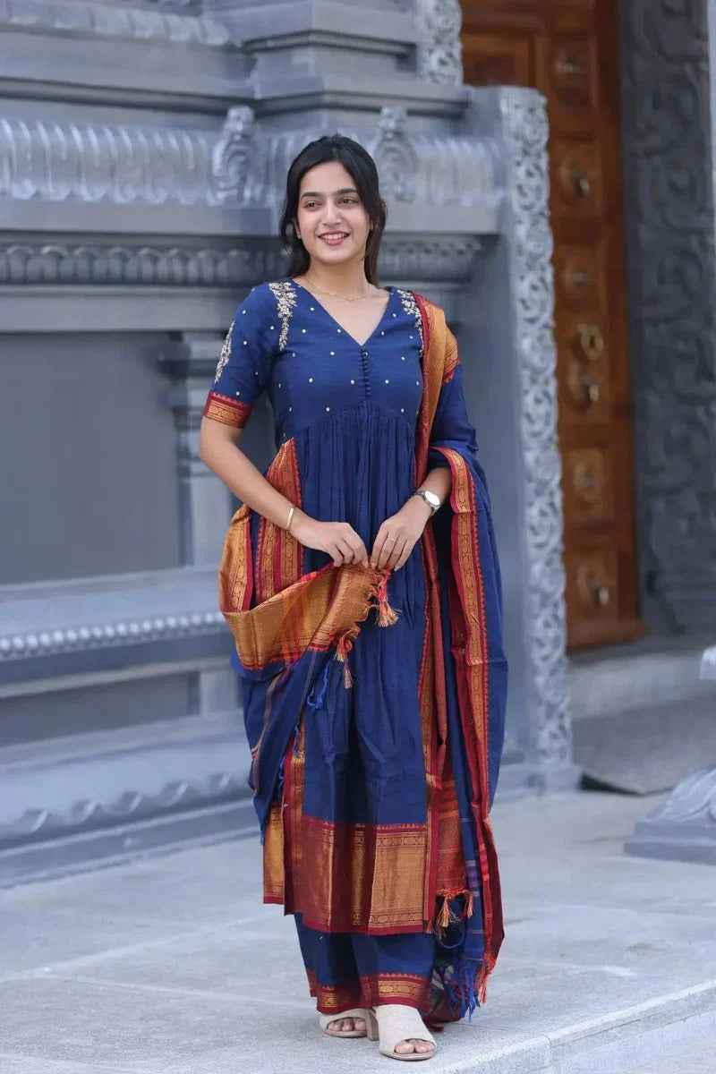 Basude Handloom Suit Set in Blue