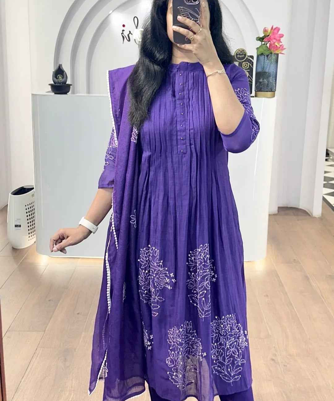 Baby Purple Mul Chanderi Embroidered Suit Set