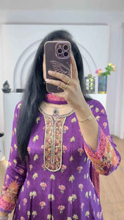 Purple Floral Handworked Anarkali With Straight Pants