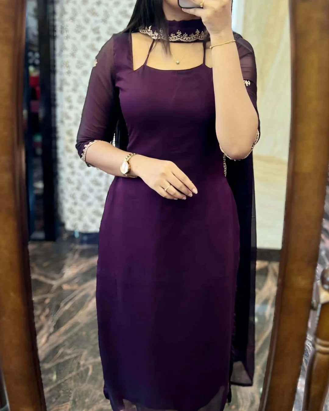 Petal Grace Cotton SuitaDARK PURPLE GEORGETTE STRAIGHT CUT KURTI WITH LINING AND DUPPATTA SET