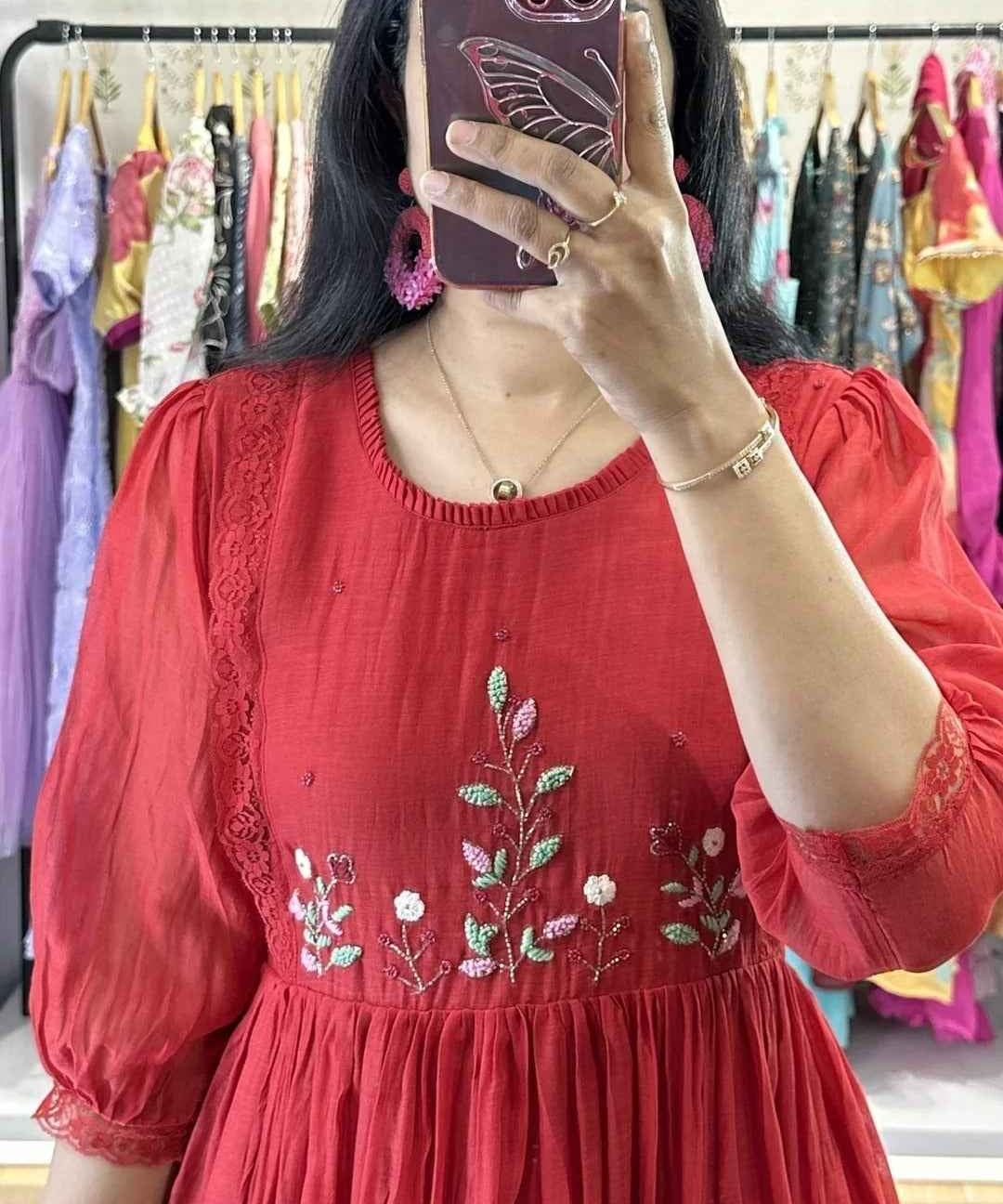 Red Mulchanderi Handworked Frock