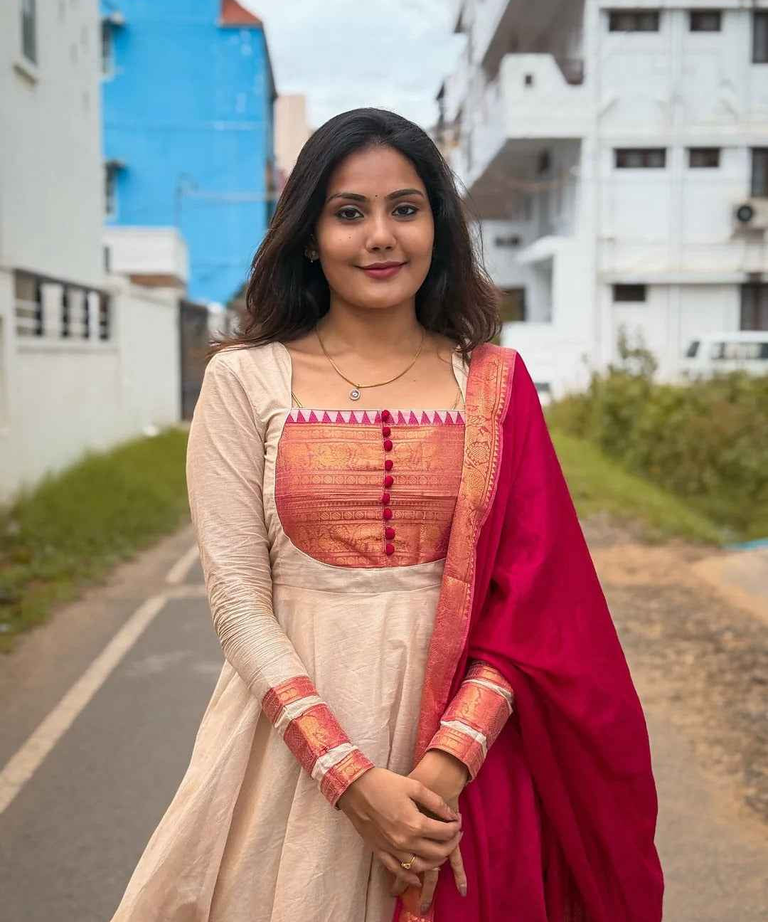 Anarkali Pure Kanchi Cotton With Dupatta Georgette Silk