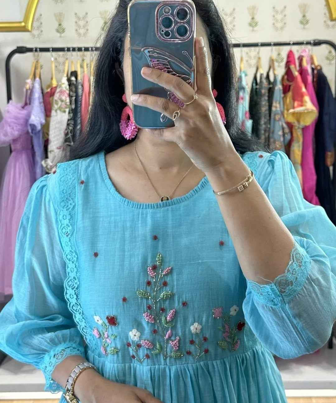 Sky Blue Mulchanderi Handworked Frock