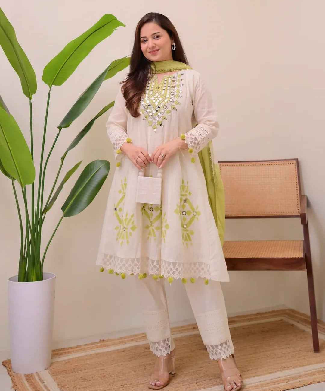 Lime Glow Aline Handwork Pakistani Suit