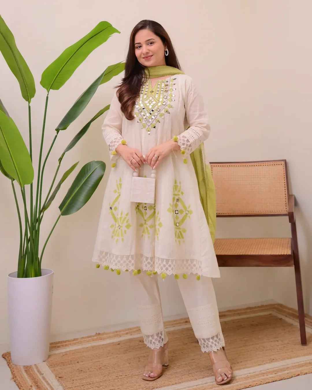 Lime Glow Aline Handwork Pakistani Suit