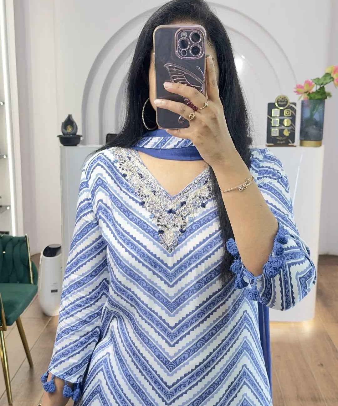 Blue Zig Zag Printed Handwork HighLow Kurti