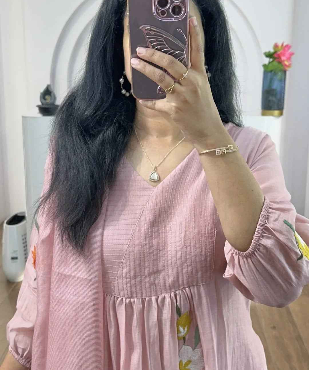 Salmon Pink MulChanderi Handworked Suit Set