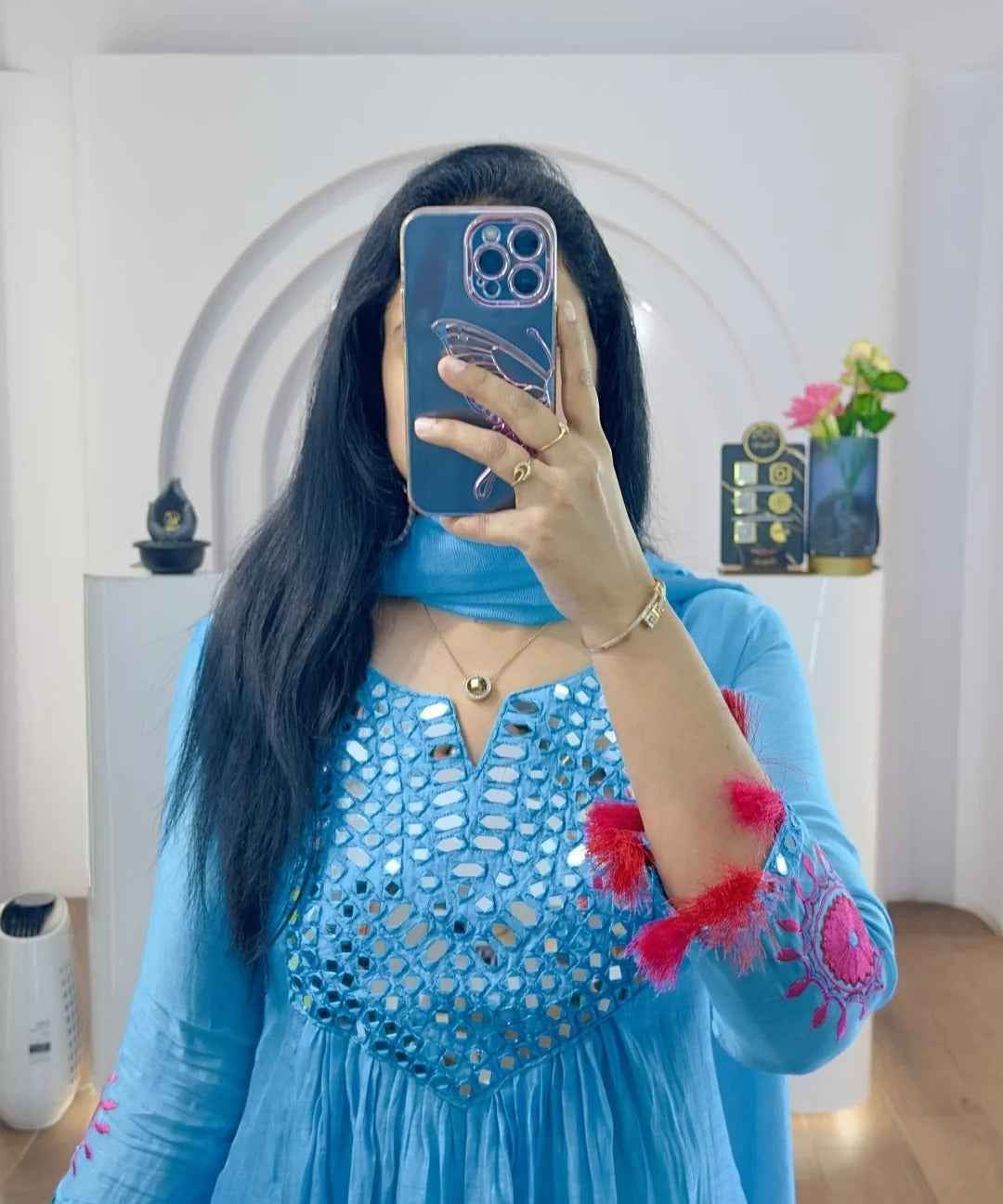 Sky Blue Mul Chanderi Mirrors Handwork Suit Set