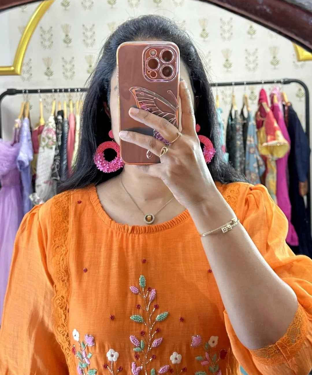 Orange Mulchanderi Handworked Frock