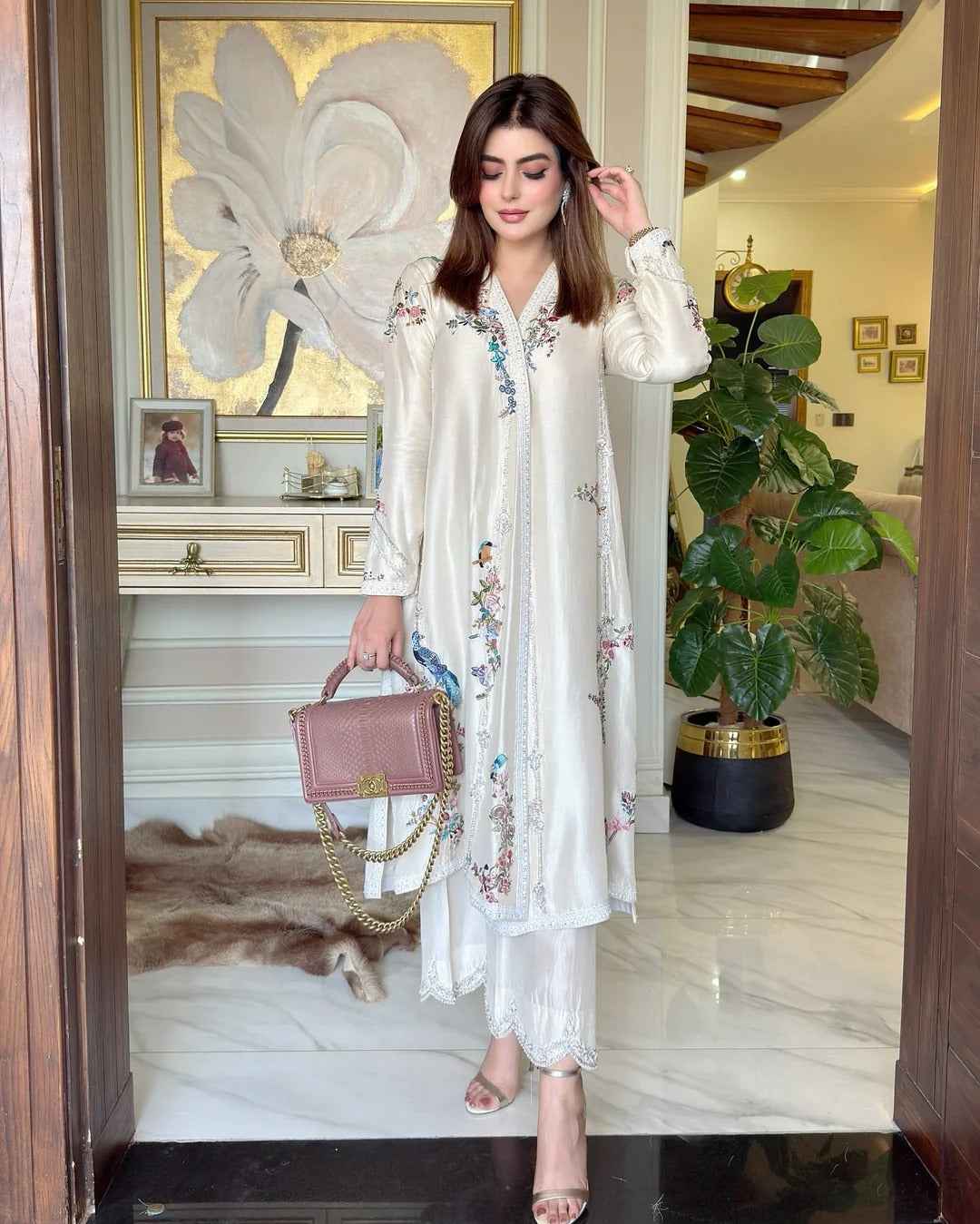 Soft White Chogha With Beautifully Colored Finely Hand-Embroidered