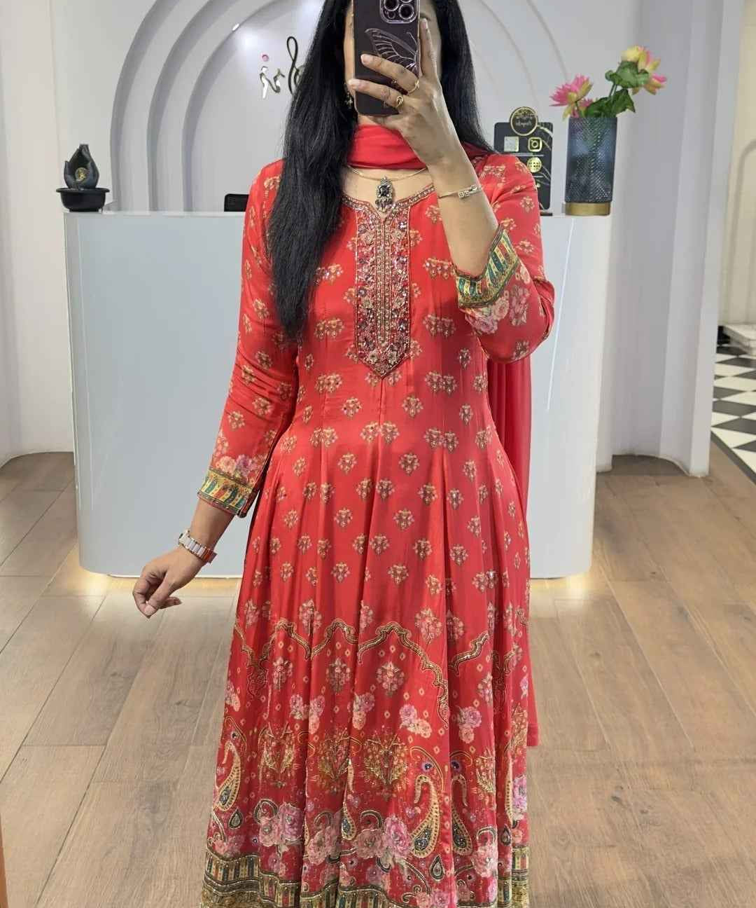 Red Floral Handworked Anarkali With Straight Pants