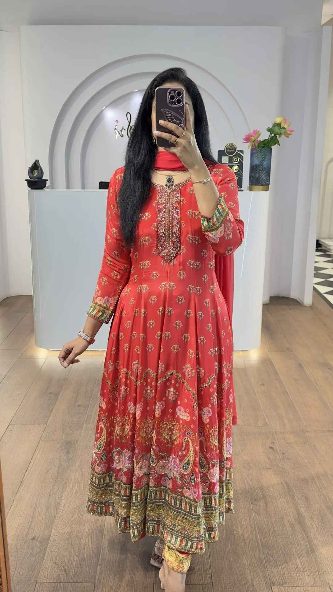 Red Floral Handworked Anarkali With Straight Pants