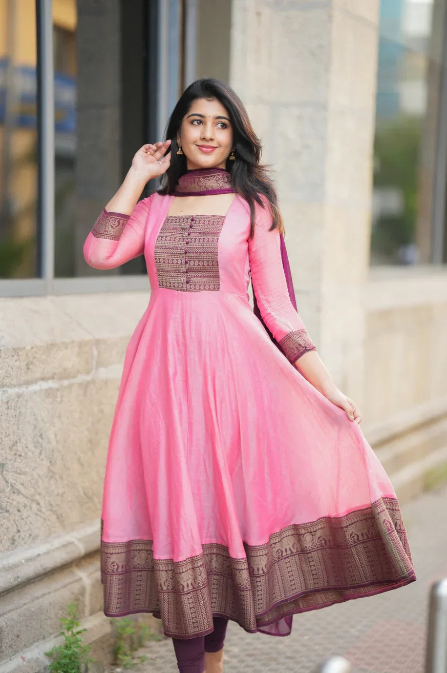 Pink & Wine Anarkali Kurta Set with Dupatta