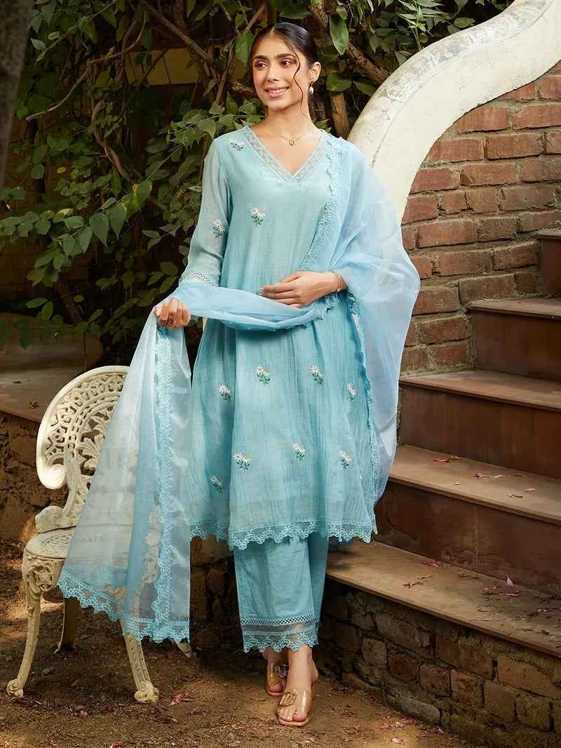 Powder Blue Embroidered Chanderi Kurta