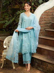 Powder Blue Embroidered Chanderi Kurta