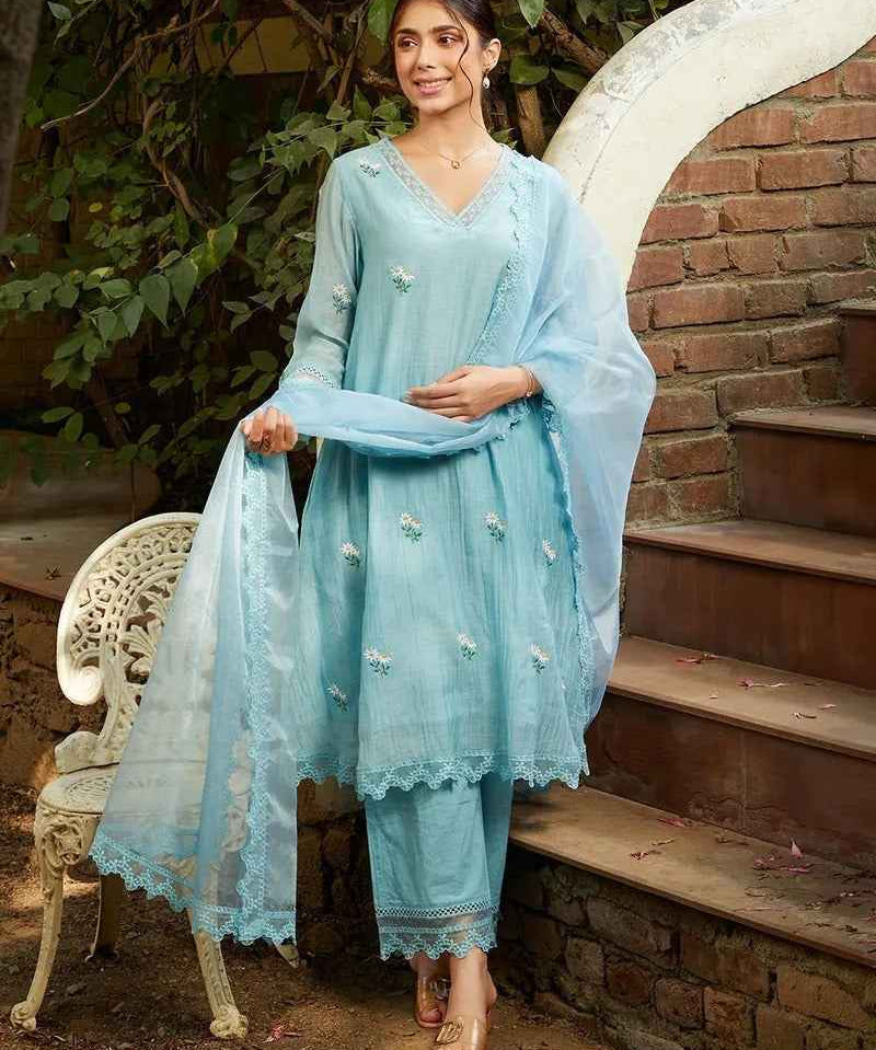 Powder Blue Embroidered Chanderi Kurta