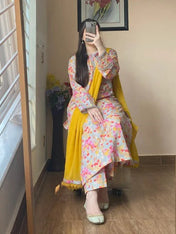 Soft Pastel Multi-Color Floral Printed Kurti Set with Yellow Dupatta