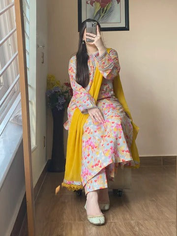 Soft Pastel Multi-Color Floral Printed Kurti Set with Yellow Dupatta