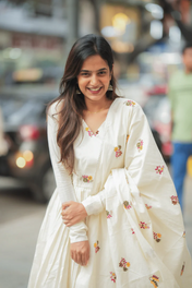 Mahiya Off White Mul Cotton Anarkali With Dupatta & Pant