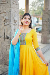 Women’s Yellow Anarkali Kurti with Blue Dupatta
