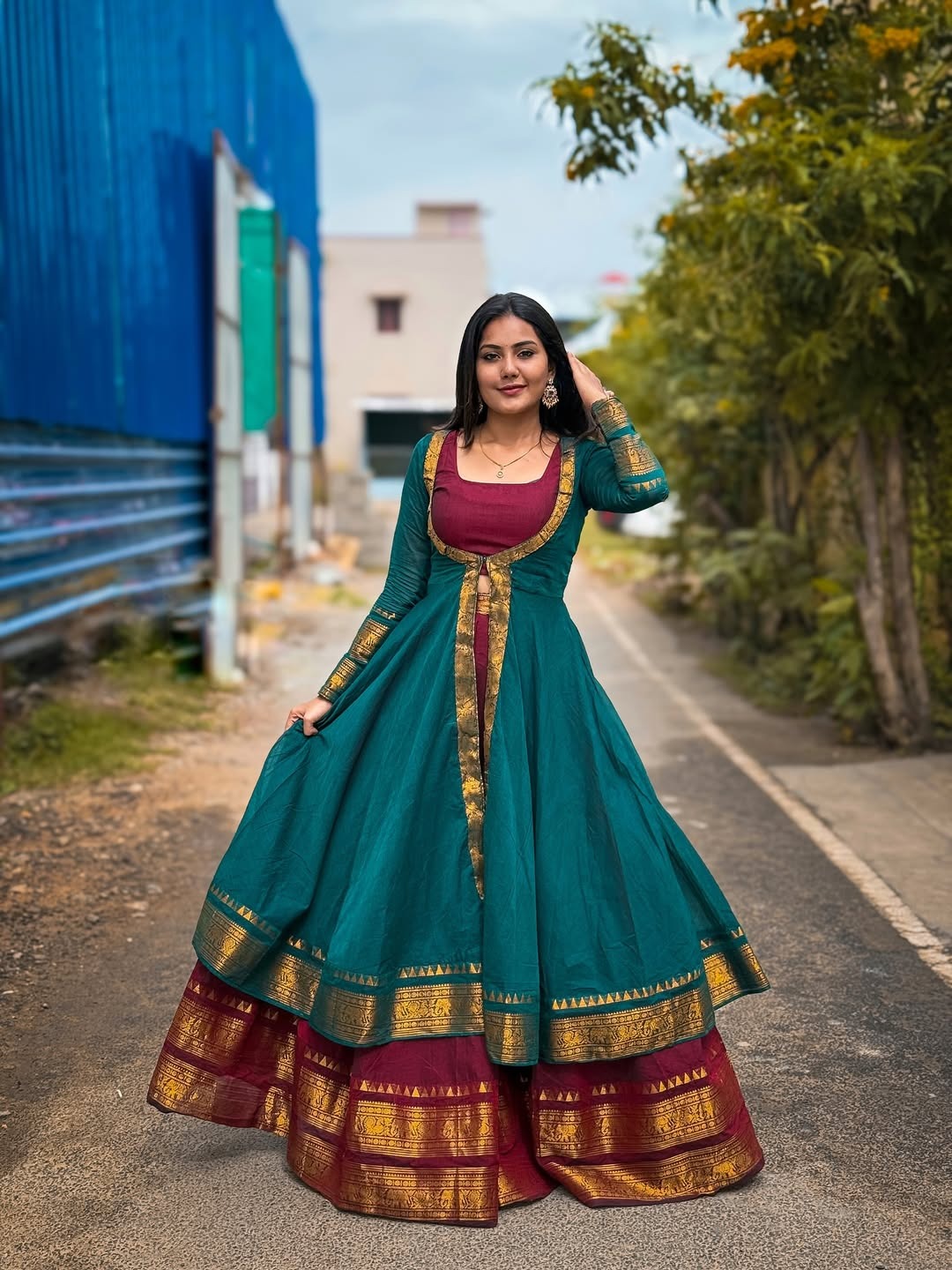Teal Green Layered Silk Anarkali with Maroon Zari Border