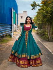 Teal Green Layered Silk Anarkali with Maroon Zari Border
