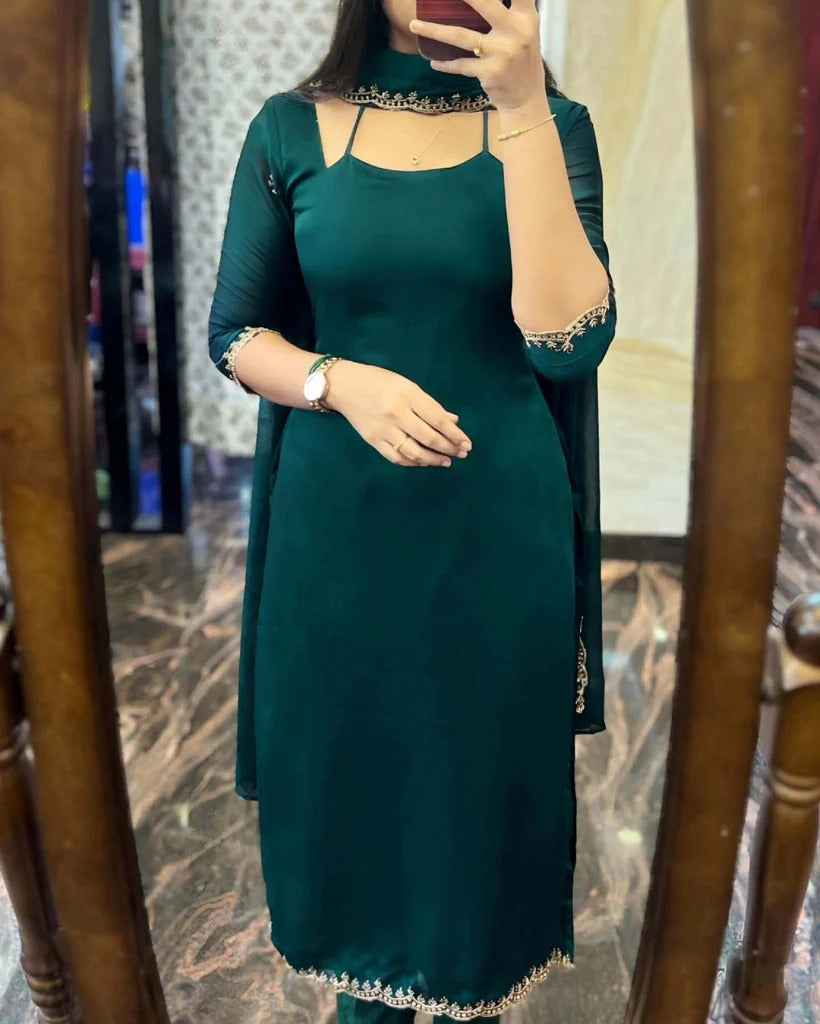 DARK GREEN GEORGETTE STRAIGHT CUT KURTI WITH LINING AND DUPPATTA SET
