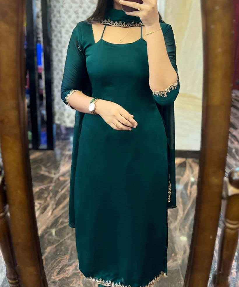 DARK GREEN GEORGETTE STRAIGHT CUT KURTI WITH LINING AND DUPPATTA SET