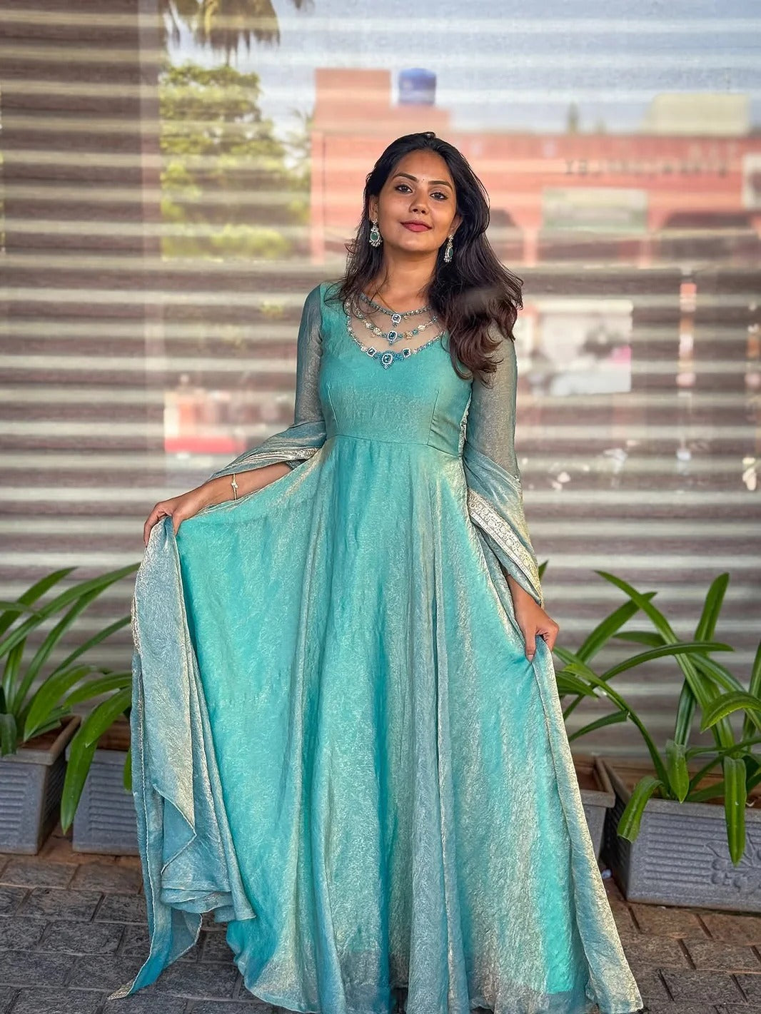 Aqua Blue Shimmer Anarkali Gown with Cape Sleeves