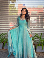 Aqua Blue Shimmer Anarkali Gown with Cape Sleeves