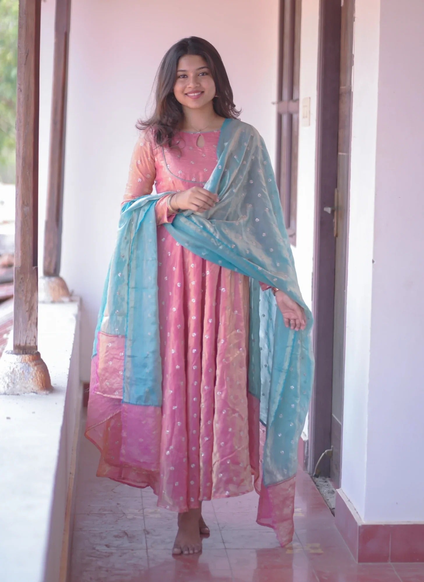 Peach & Sky Blue Organza Anarkali Dress with Embroidered Dupatta
