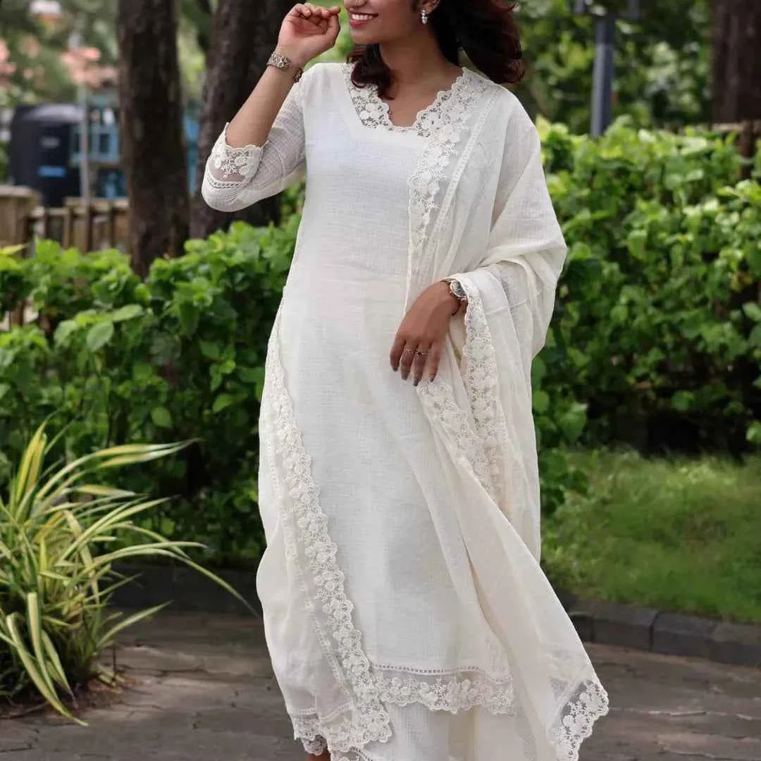 White Soft Cotton Kota Doria Suit With Lining.