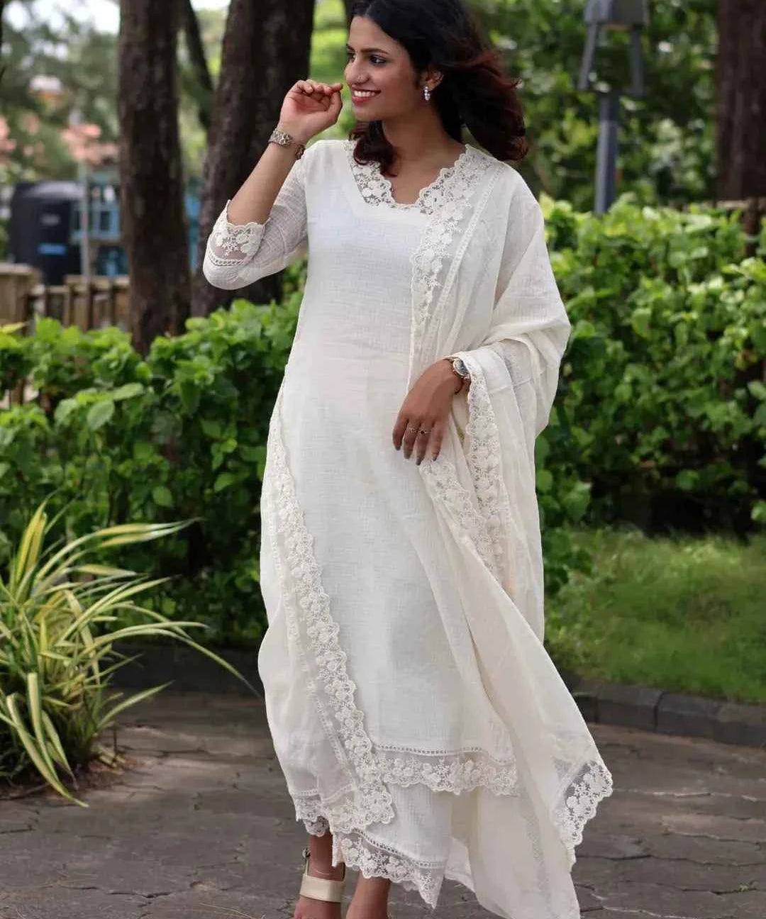 White Soft Cotton Kota Doria Suit With Lining.