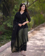 Black Linen Jamdani Banasri Kurta Set