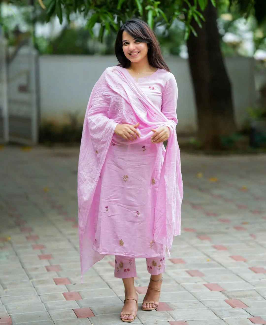 Pink Cotton Embroidery Full Kurta Set