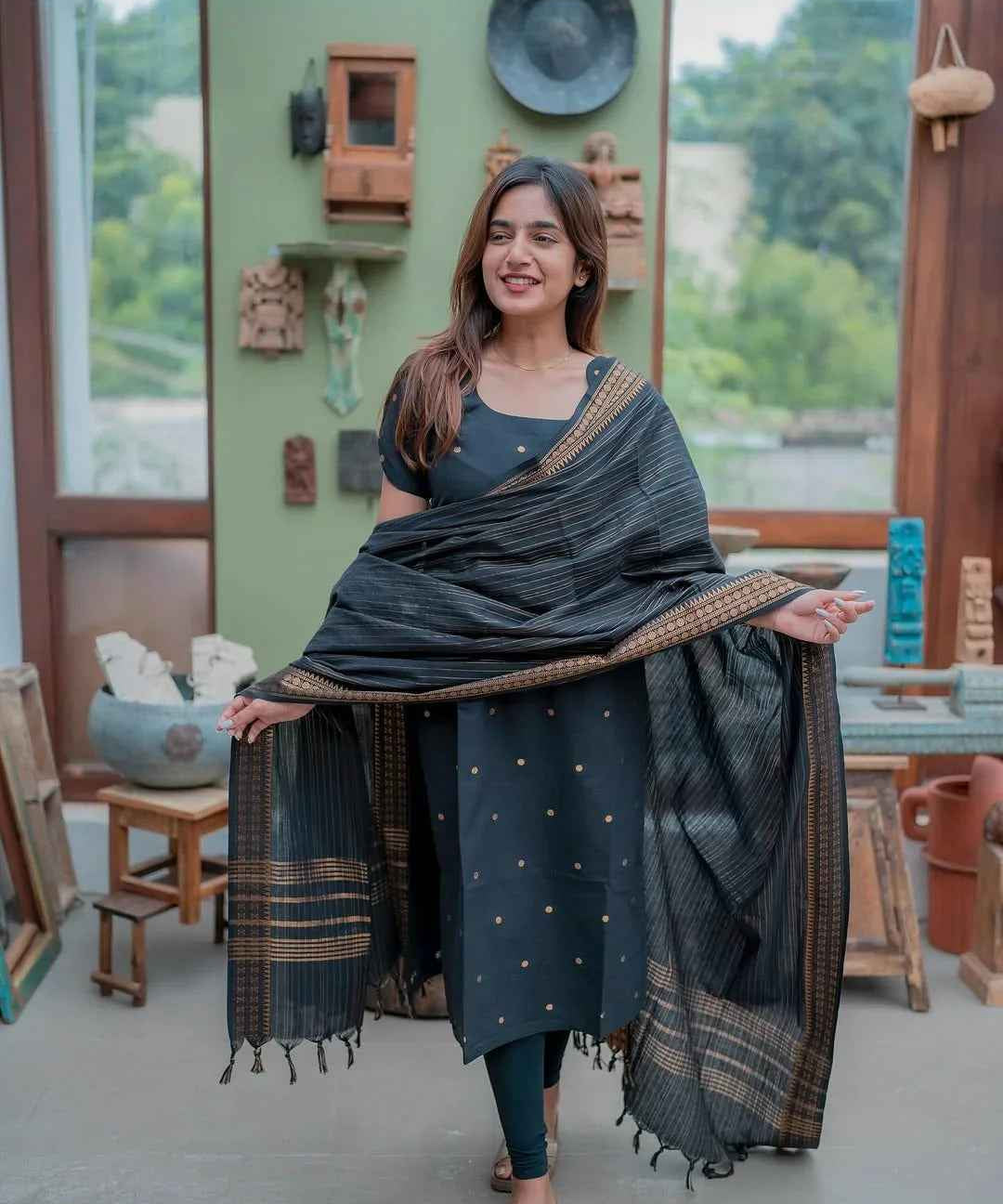 BLACK PURE COTTON KURTI WITH DUPATTA