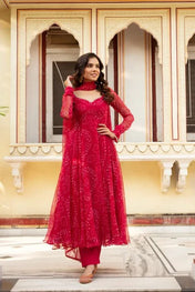 Designer Red Georgette Bandhani Anarkali Suit with Dupatta